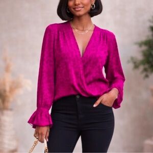 INC Concepts Fuschia Pink Leopard  Long Sleeve Wrap Ruffle Blouse Top Medium